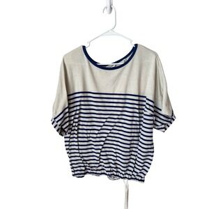 Max Studio London Striped Knit Top Oatmeal Navy Blue Drawstring Hem Large